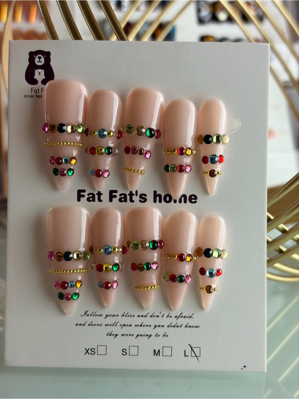Neutral Nude Press-On Nails with Multicolor Rhinestones